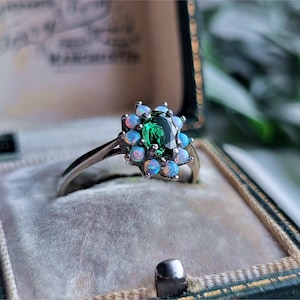 STUNNING Vintage Sterling Silver Opal Emerald Cluster Ring. Vintage Silver Emerald Ring. Vintage Silver Opal Ring LAYAWAY AVAILABLE [Ref00]