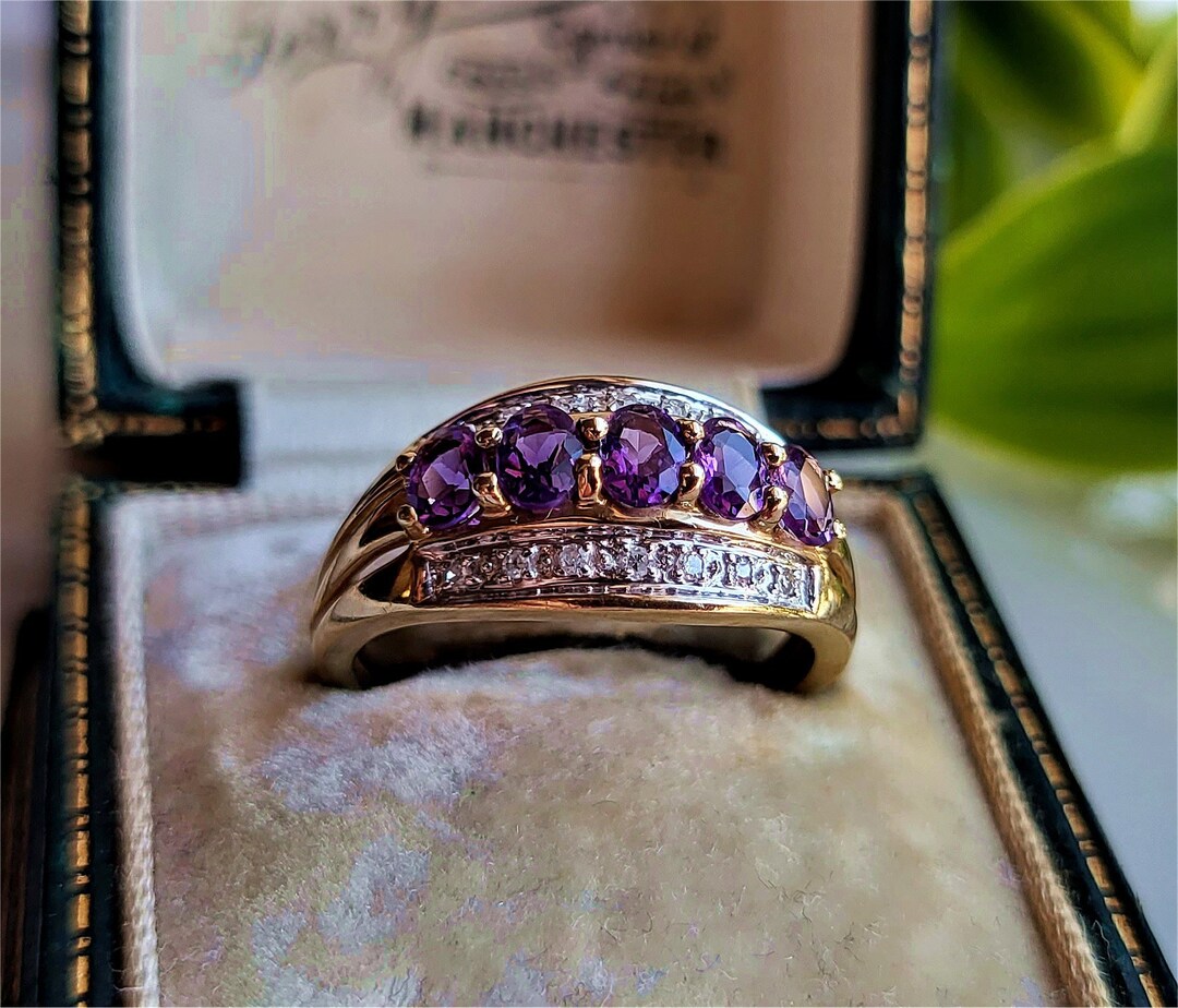 INCREDIBLE Vintage 9ct Gold Amethyst Diamond Eternity Ring. FREE RESIZE