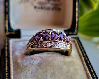 INCREDIBLE Vintage 9ct Gold Amethyst Diamond Eternity Ring. FREE RESIZE 9ct Gold Diamond Ring. 9ct Gold Amethyst Ring (Ref00P