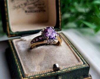 ONGELOOFLIJKE vintage 9 kt gouden amethist diamantclusterring. 14 diamanten! GRATIS RESIZE 9 kt gouden diamanten ring. 9 kt gouden ring met amethist (ref. 00)