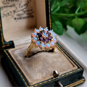 STUNNING Solid 9ct Gold Opal Amethyst Cluster Ring, STATEMENT Ring, Packed FULL of Opals, Vintage 9ct Gold Opal Ring, Gold Opal Rings, [fjs2