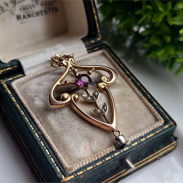 ANTIQUE Vintage 9ct Gold Amethyst And Pearl Pendant. Vintage 9ct Pendant. Amethyst Pendant. Pearl Pendant [Ref00F]