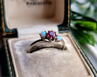 STUNNING Vintage Sterling Silver Opal Ruby Trilogy Ring. Vintage Silver Ring. Vintage Silver Opal Ring LAYAWAY AVAILABLE [Ref00]