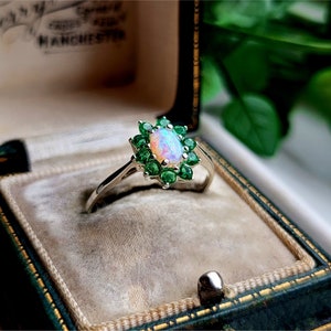 STUNNING Vintage Sterling Silver Opal Emerald Cluster Ring. Vintage Silver Emerald Ring. Vintage Silver Opal Ring LAYAWAY AVAILABLE [Ref00]