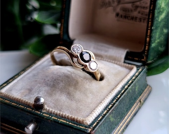 PRACHTIGE Vintage 9ct gouden saffier witte Cz trilogie ring. 9ct gouden saffierring LAYAWAY BESCHIKBAAR [Ref00js1]