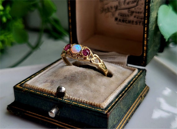 PRETTY Solid 9ct Gold Opal Ruby Ring, STATEMENT R… - image 3