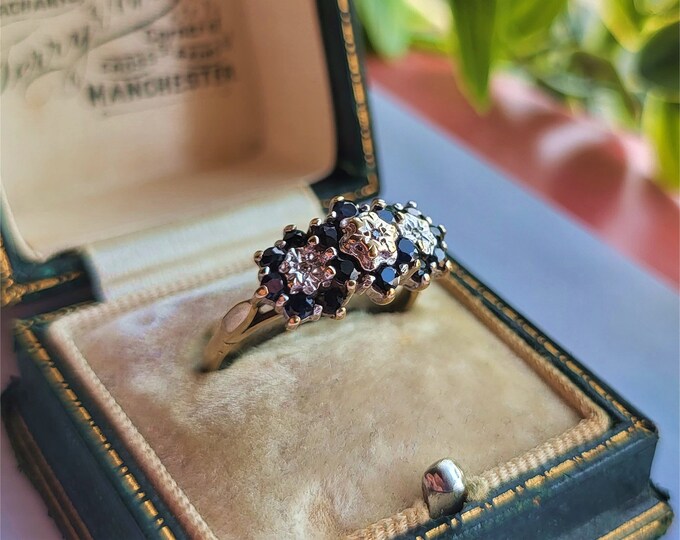 RARE Vintage 9ct Gold Sapphire Diamond Cluster Ring. RESIZING AVAILABLE