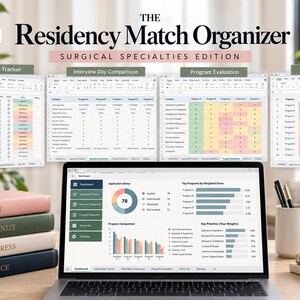 Peut inclure: Le Residency Match Organizer Surgical Specialties Edition est un outil de tableur numérique affiché sur un écran d'ordinateur portable. Il comprend des onglets pour le suivi des candidatures, la comparaison des entretiens et le classement.