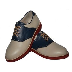 1940's/1950's Style Saddle Shoes In Blue & Cream Leather By Rocket Originals. UK Size 3