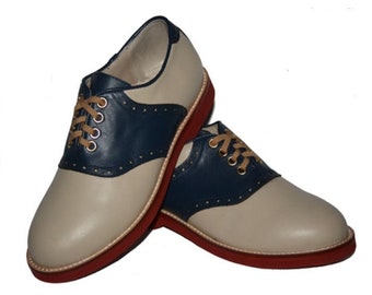 1940's/1950's Style Saddle Shoes In Blue & Cream Leather By Rocket Originals. UK Size 3