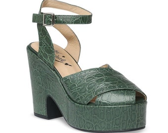 Rocket Originals 1940s Miranda Style Platforms Sandals In Green Reptile Print Leather UK Size 5. New in Box