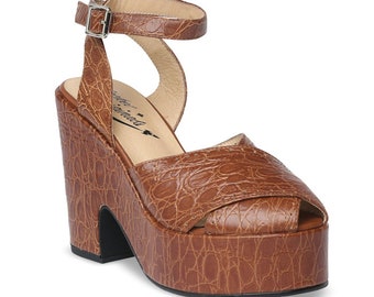 Rocket Originals 1940s Miranda Style Platforms Sandals In Brown Reptile Print Leather UK Size 7. New in Box