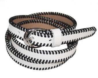 1950's Style White Leather Belt With Black Stitched Detail, New, Size 40 to 44 inch waist.