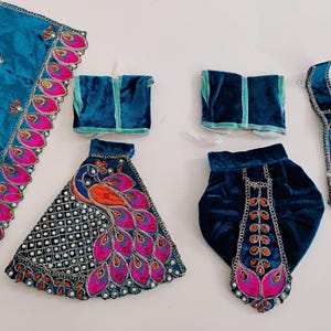 Peacock Radha Krishna , Yugal jodi Dress - Sizes 7&quot; and 9&quot; | Velvet dress | Statue Clothes Pure Handmade-Poshak | Janamashtami