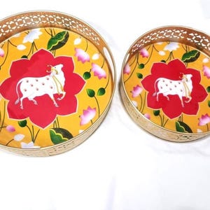 Pichwai Trays Set | Steel Thali | Decorated Thali | Bhog Thali | Brass Temple Bells | Pooja Bhog Thali | Pooja Thali