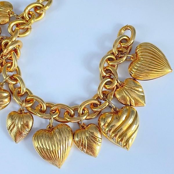 Vintage Gold Puffy Heart Charm Bracelet