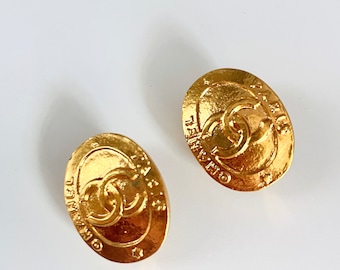 Vintage CHANEL Logo Gold Button Earrings