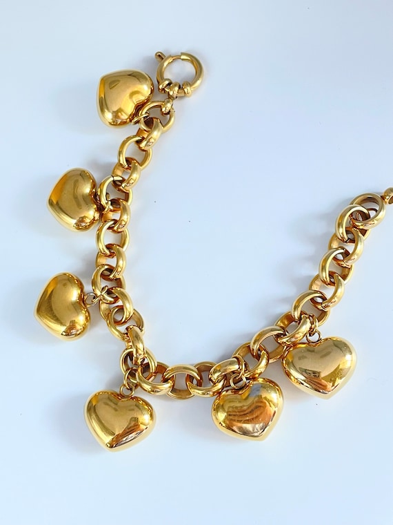 Vintage Gold Puffy Heart Charm Bracelet - image 1
