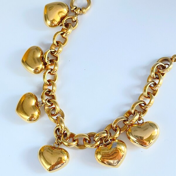 Vintage Gold Puffy Heart Charm Bracelet