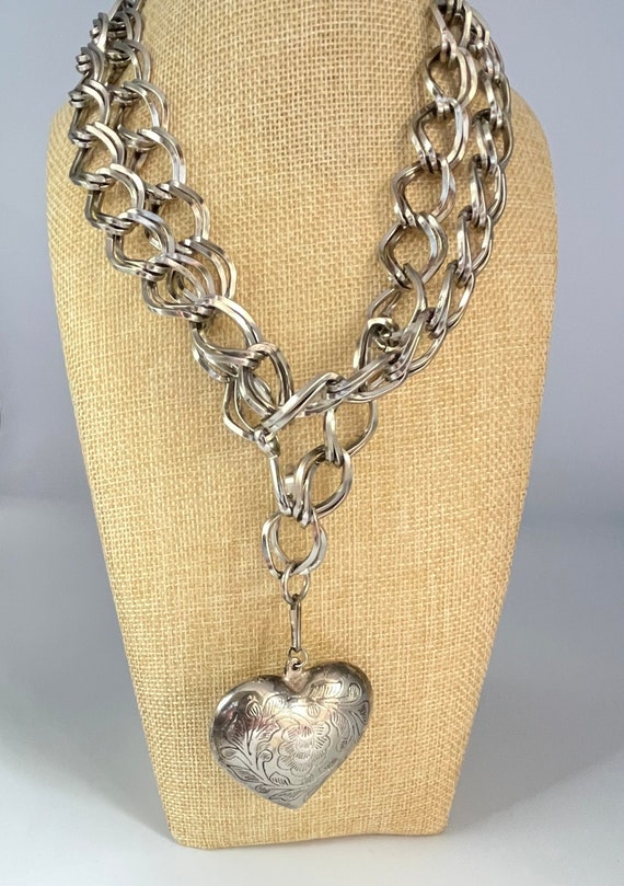 Vintage Long Puffy Heart Silver Necklace