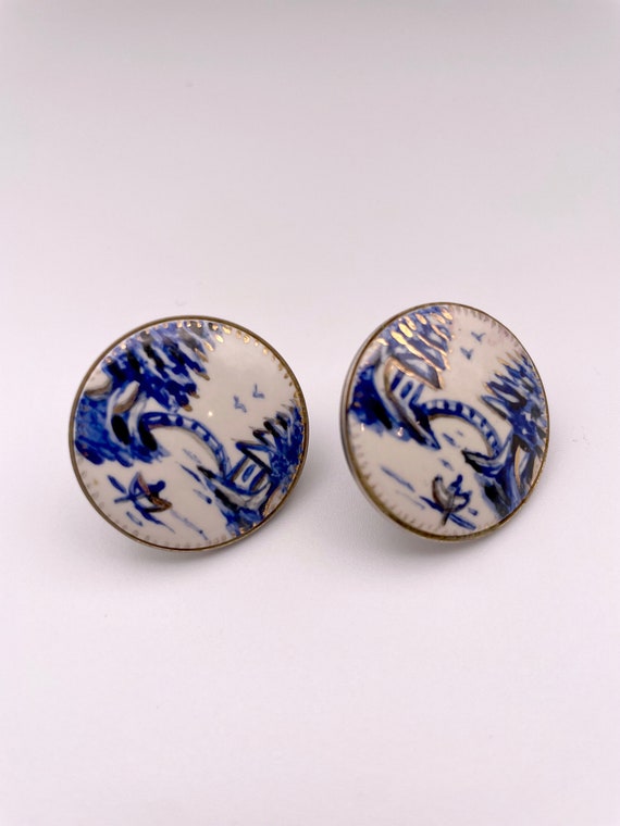 Blue & White Painted Enamel Earrings - image 1