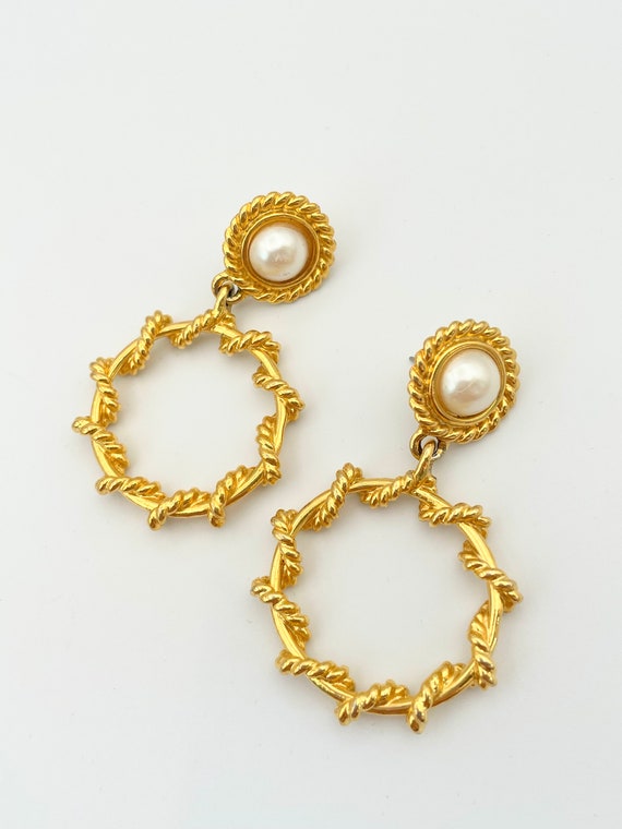 Vintage Anne Klein Gold Hoop Pearl Drop Earrings