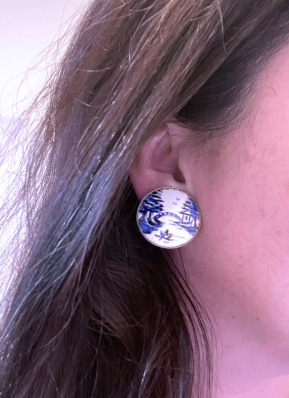 Blue & White Painted Enamel Earrings - image 3