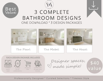 Complete Vintage Timeless Bathroom Design Collection | 3 Designer Bathroom Packages | Remodel PDF Bundle | Instant Download