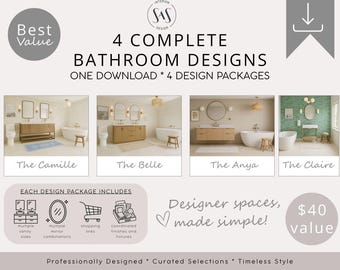 Complete Organic Modern Bathroom Design Collection | 4 Designer Bathroom Packages | Remodel PDF Bundle | Instant Download