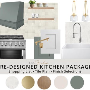 May include: A kitchen design board featuring a grey range hood, stainless steel gas range, two wood shelves, two glass pendant lights, a white farmhouse sink with a chrome tap, gold hardware, and white cabinet doors, labelled The Graham PRE-DESIGNED KITCHEN PACKAGE.