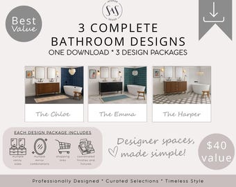 Complete Eclectic Modern Bathroom Design Collection | 3 Designer Bathroom Packages | Remodel PDF Bundle | Instant Download