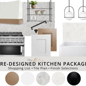 May include: A kitchen design mood board featuring a stainless steel gas range, white farmhouse sink, two globe pendant lights, black metal shelving, cabinet doors in white and light wood, and hardware. Text reads: The Miles PRE-DESIGNED KITCHEN PACKAGE.