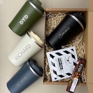 Personalised Insulated Travel Mug Gift Set – Custom Travel Mug with Name, Coffee and Chocolate Gift Box