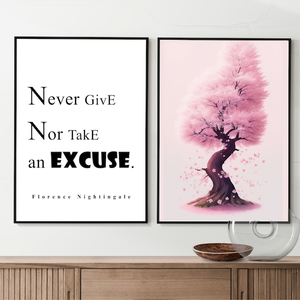 Florence Nightingale Quote Wall Art, No Excuse Inspirational quote prints, Girl bedroom decor, Pink Cherry Tree, Set of 2 Gift for her