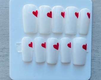 Queen of Hearts, Luxury Press On Nails, Nail Art, Fake Nails, Valentine's Day Nails, Heart Nails