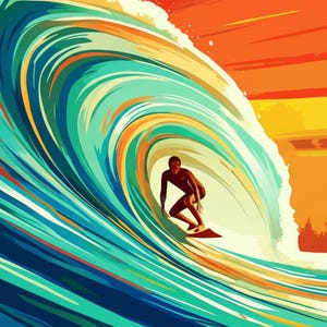 Surfer riding epic blue wave with golden sunlight, Retro Impressionist Wall Art, Matte Horizontal Print, Surfing Gift, Ocean Decor Poster