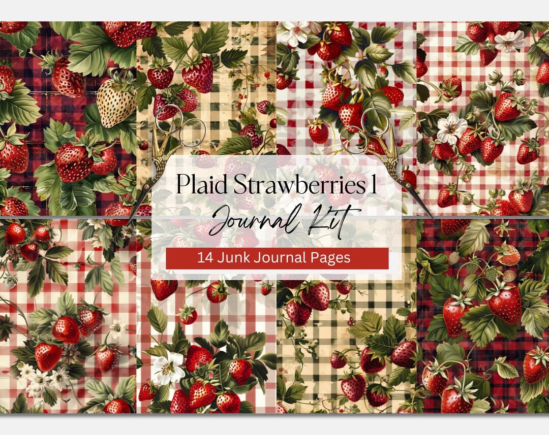 Plaid Strawberries Printable Journal Kit, Vintage Junk Journal Pages ...