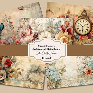 Vintage Flowers Junk Journal Digital Paper, Floral Junk Journal Kit, Shabby Chic Junk Journal, Printable Junk Journal Pages, Collage Prints