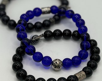 Set of 3 - Mens Gemstone Beaded Stretch Bracelet, Blue and Black Stacking Bracelet (3pc set)