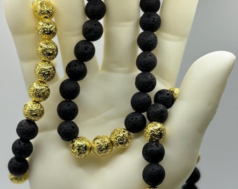 Set of 3 - Mens Beaded Bracelet Black and Gold Matte (3pc set) – Gemstone stretch bracelet fashion jewelry