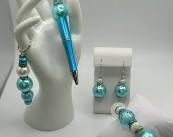 Aqua pen, earrings, bracelet, and keychain set (4 item set)