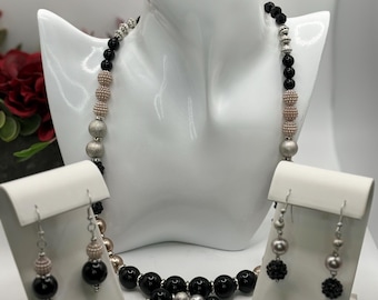 Multicolor necklace with black, beige, and silver.  Women's costume jewelry set (4-piece set includes necklace, bracelet, 2 earrings)