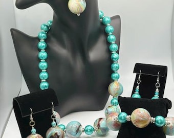 Aqua and Multicolored necklace set with marble like centerpiece (includes two pair of earrings and matching bracelet)