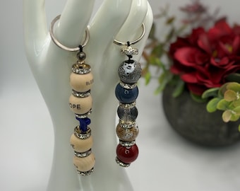 Keychain set, blue, burgundy, multicolored beaded keychain with blue cross; Faith Hope Love, Blessed  Keychain (2 item set)
