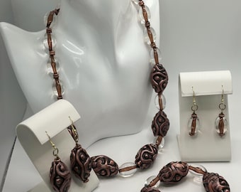 Brown round and diamond shaped costume jewelry set, Brown Fashion jewelry;  Copper jewelry; 4 piece- necklace, bracelet, 2 pair earrings