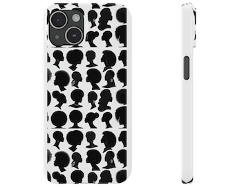 Custodia per telefono, design con silhouette nera di acconciature afroamericane, celebrazione della diversità dei capelli neri, custodia aderente, pelle protettiva, unica