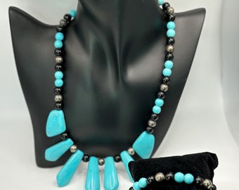Turquoise necklace; Black and turquoise dyed Howlite fashion jewelry set (3 piece - necklace, earrings, bracelet); Unique Costume Jewelry