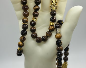 Set of 3 - Mens Gemstone Beaded Stretch Bracelet, Brown and Black with Gold Accents Stacking Bracelet (3pc set)