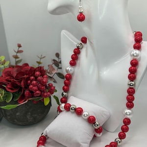 Red and white women&#39;s jewelry set with silver accents  (includes necklace, bracelet, earrings)