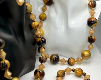 Brown and mustard round and diamond shaped beaded costume jewelry set (4 piece set - includes necklace, bracelet, and 2 pair of earrings)